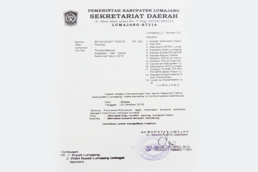 Ada Pemberitahuan, ASN Non Muslim Lumajang Pakai Sarung-Songkok di Hari Santri