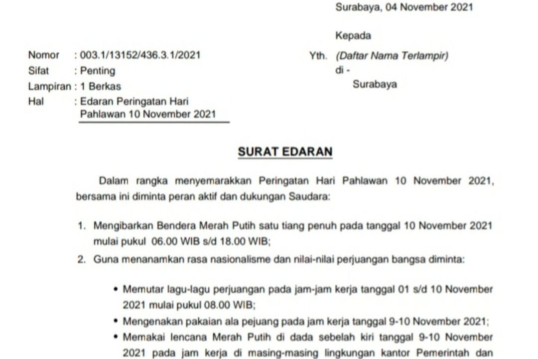 Hari Pahlawan, Warga Diminta Kibarkan Bendera Satu Tiang Penuh hingga Putar Lagu Perjuangan