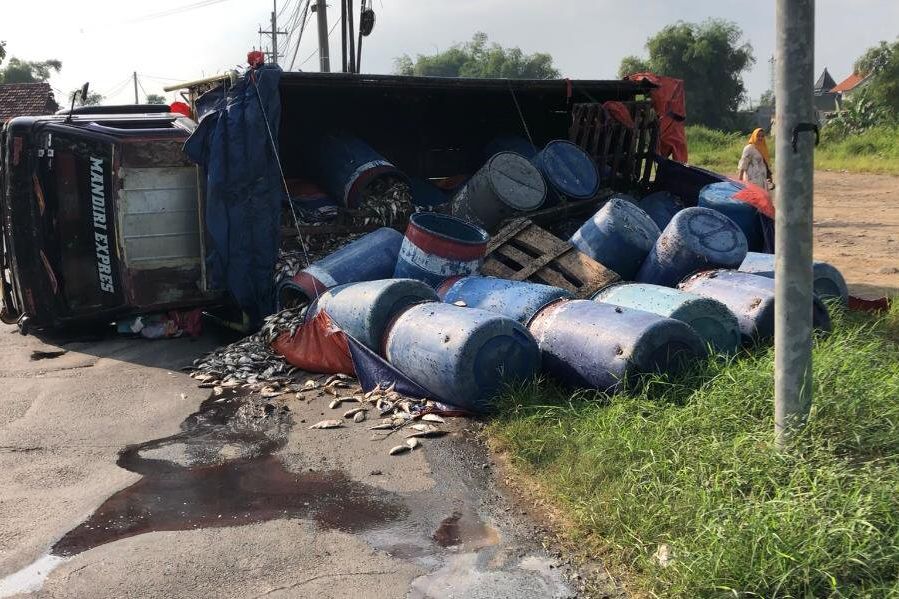 Tanah Ambles, Truk Bermuatan Ikan Terguling di Jalan Alternatif Ngoro-Pungging