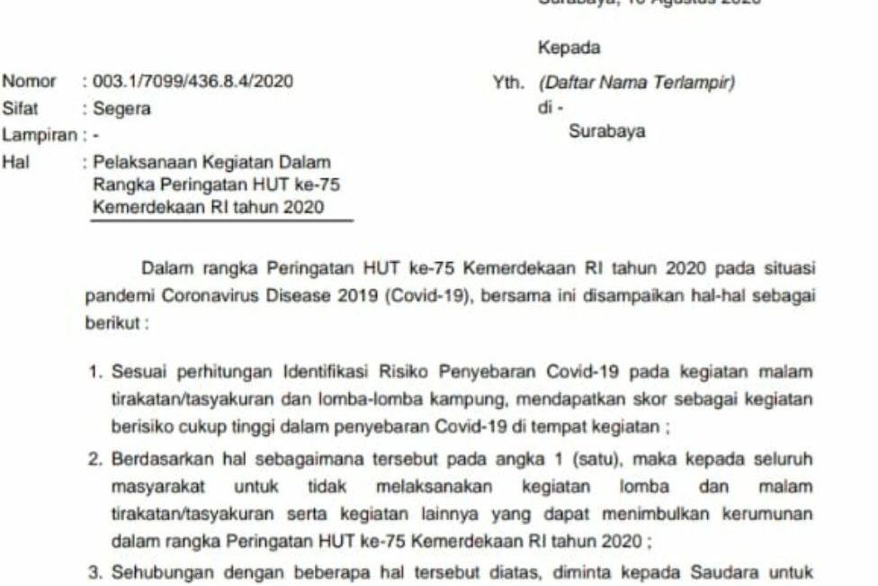 Tiga Poin Yang Harus Diperhatikan Dalam SE Peringatan HUT RI ke-75 di Tengah Pandemi