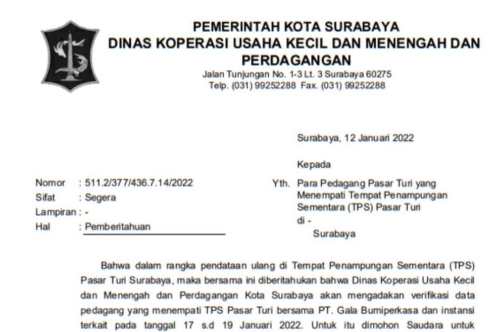 Dinkopum Surabaya Data Ulang Pedagang TPS Pasar Turi