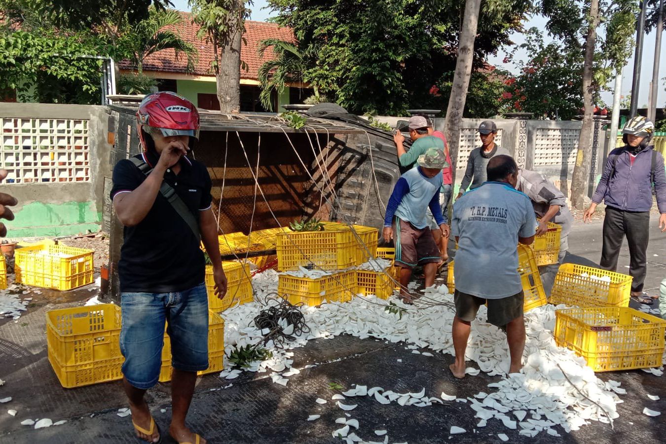 Pikap Bermuatan Kelapa Terguling di Jalan Raya Desa Kalipuro Pungging Mojokerto