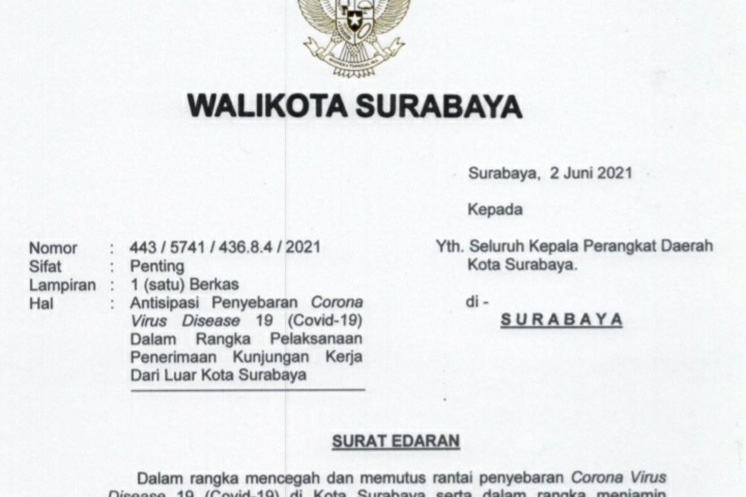 Penerimaan Kunjungan Kerja dari Luar Surabaya Harus Menunjukkan Hasil Tes Swab PCR