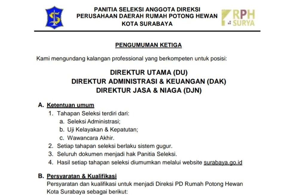 Seleksi Direksi PD RPH Surabaya Tahap Ketiga Dibuka
