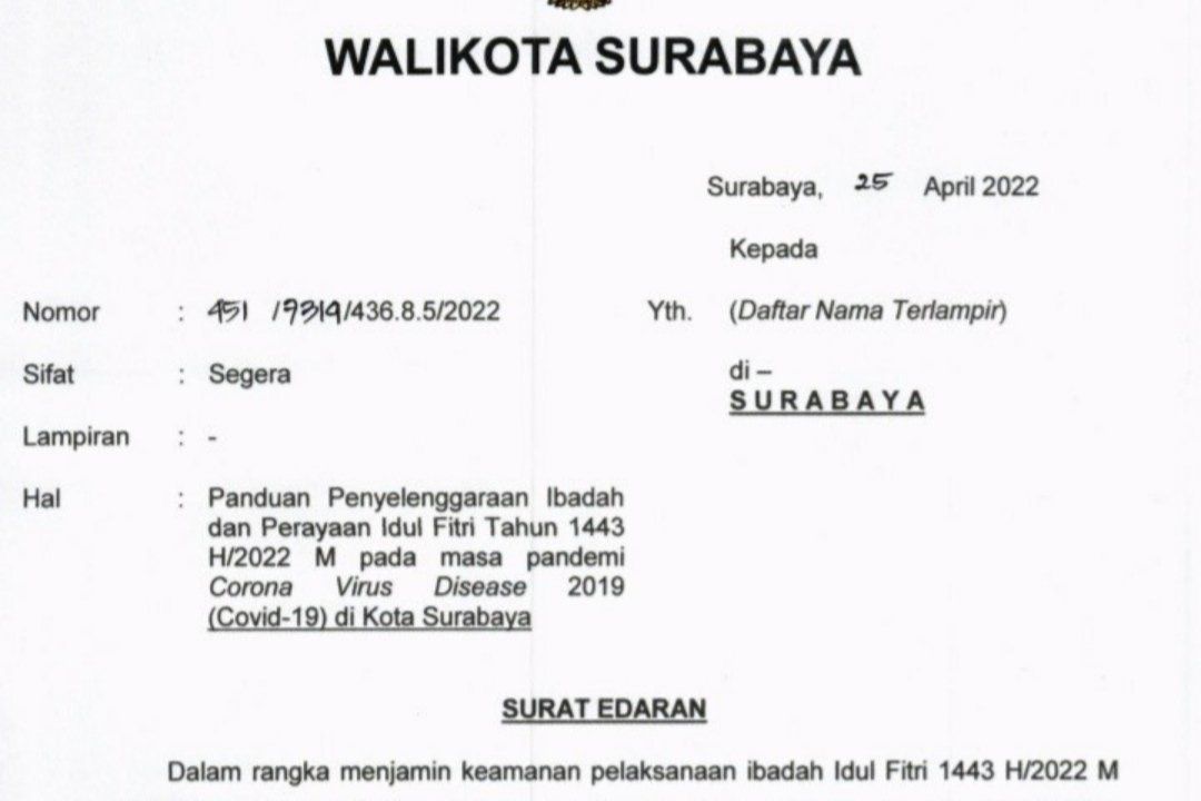 Ini SE Wali Kota Panduan Penyelenggaraan Hari Raya Idulfitri 1443 Hijriah di Surabaya