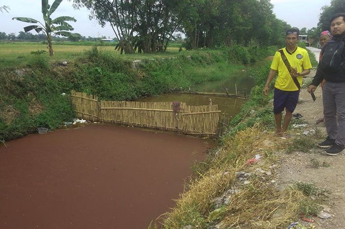 Diduga Tercemar Limbah, Aliran Kali Berubah Merah Bata