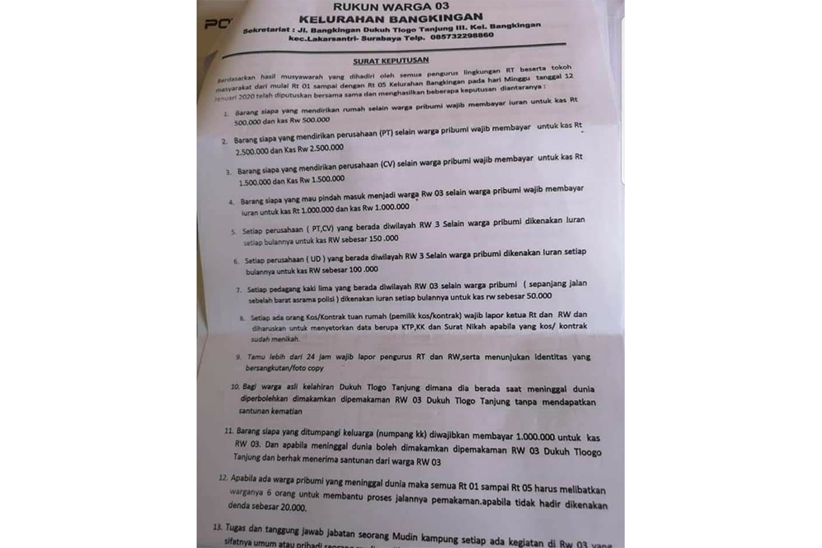 Surat Keputusan Pungutan RW 03 Bangkingan Yang Viral Dipastikan Tidak Berlaku
