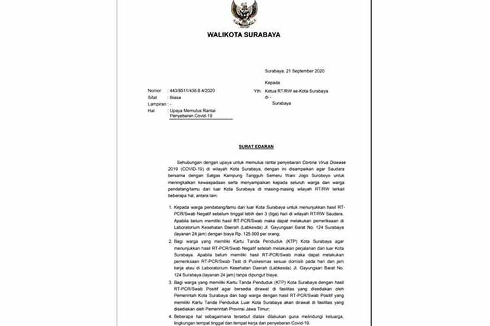Cegah Sebaran Covid-19 di Perkampungan, Pemkot Surabaya Bagikan Surat Edaran