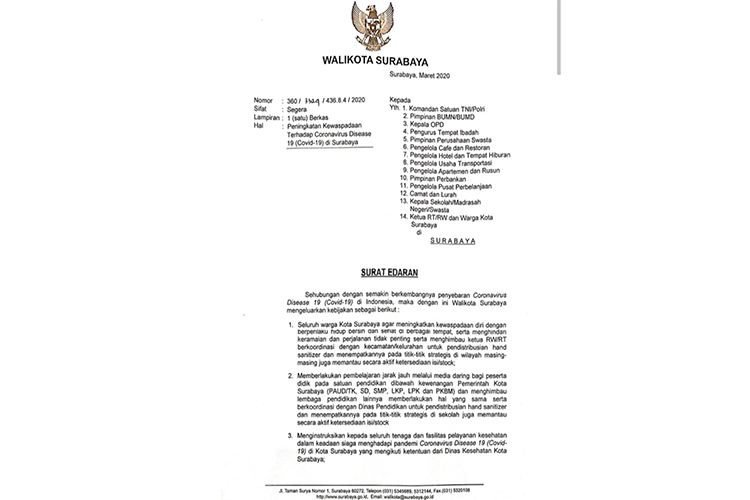 Keluarkan Surat Edaran, Risma Imbau Warganya Tingkatkan Kewaspadaan COVID-19