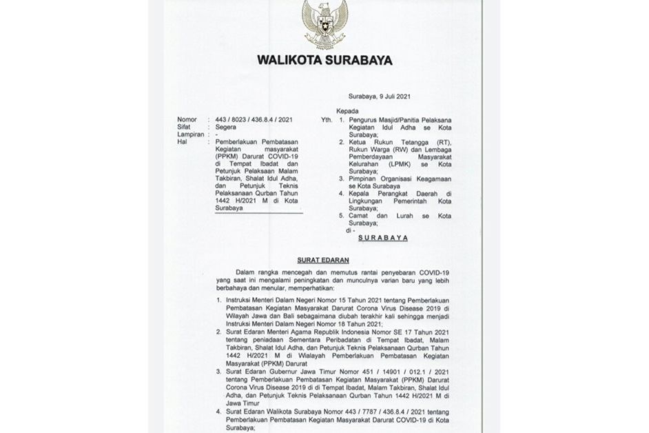 Pemkot Surabaya Keluarkan Surat Edaran Pelaksanaan Hari Raya Iduladha