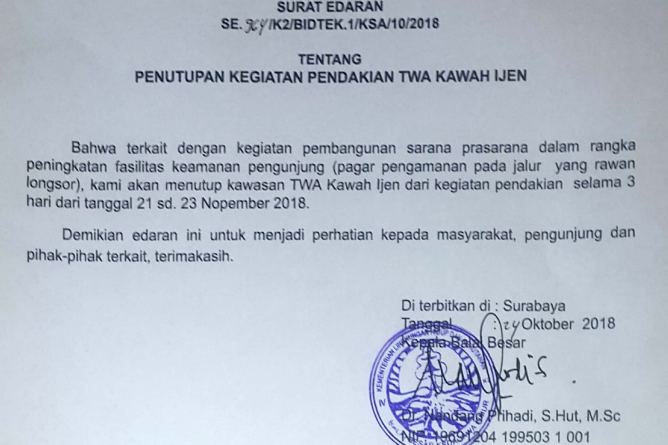 TWA Kawah Ijen Ditutup Tiga Hari