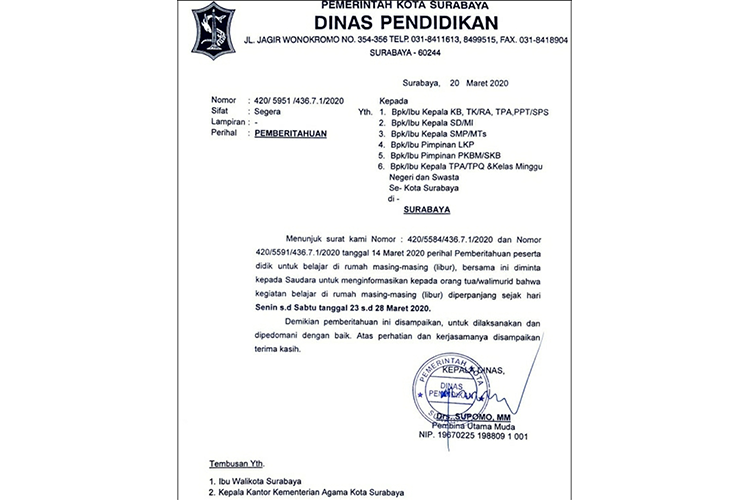 Terkait COVID-19, Dispendik Surabaya Perpanjang Imbauan Peserta Didik Belajar di Rumah