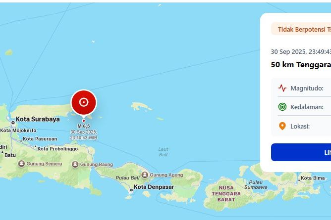 Jawa Timur Dilanda Gempa Magnitudo 6,5, Pusat Gempa Tenggara Sumenep