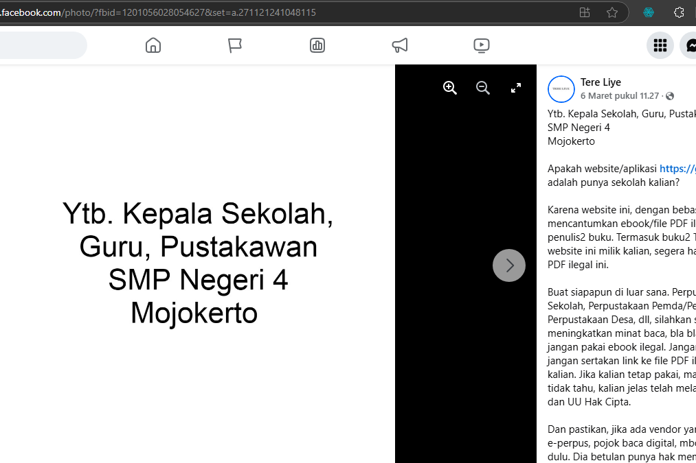Penulis Tere Liye Minta Website Literasi SMPN 4 Mojokerto Hapus Konten EBook Ilegal