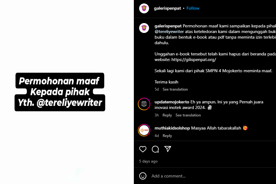 SMPN 4 Kota Mojokerto Minta Maaf dan Hapus EBook Karya Tere Liye dan Penulis Lainnya