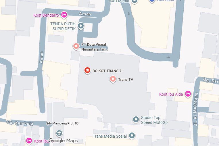 Muncul Ikon Boikot Trans7 di Google Maps