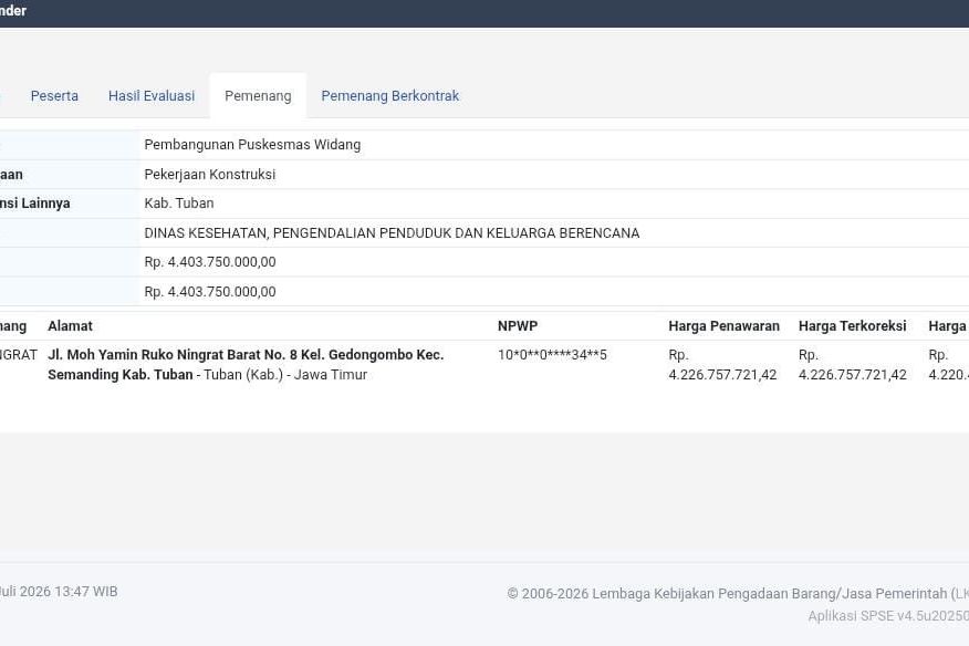 Bernilai Rp4,2 Miliar, Pemenang Tender Puskesmas Widang Tuban Disorot