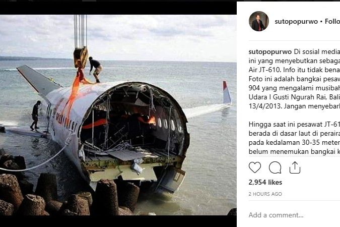 Beredar Foto Pesawat Lion Air JT610, Sutopo Menyatakan Hoaks