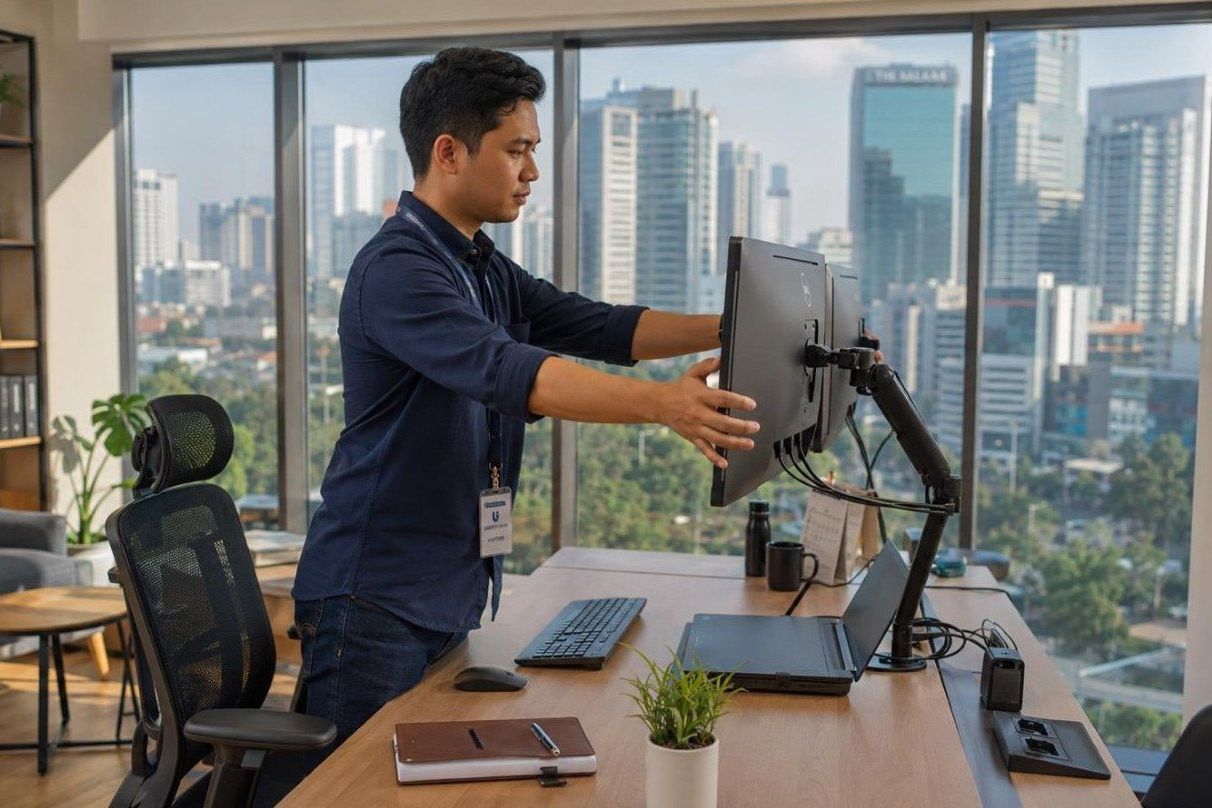 Layar monitor yang sejajar dengan pandangan mata mampu mengurangi ketegangan leher. Foto: <em>-Dx Gen-AI</em>