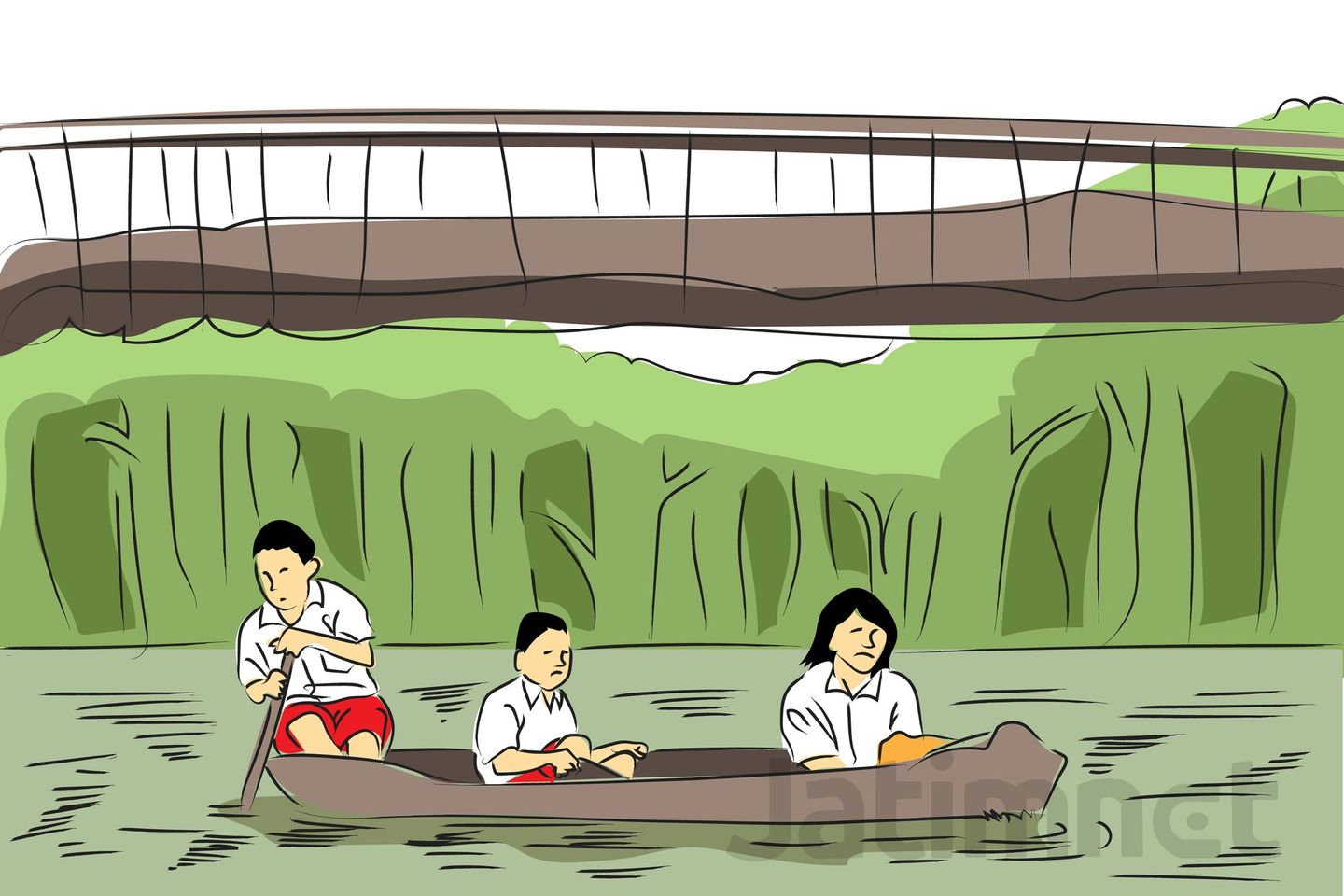 Siswa dan Warga Pilih Naik Perahu Akibat Jembatan Putus