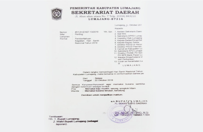 Ada Pemberitahuan, ASN Non Muslim Lumajang Pakai Sarung-Songkok di Hari Santri