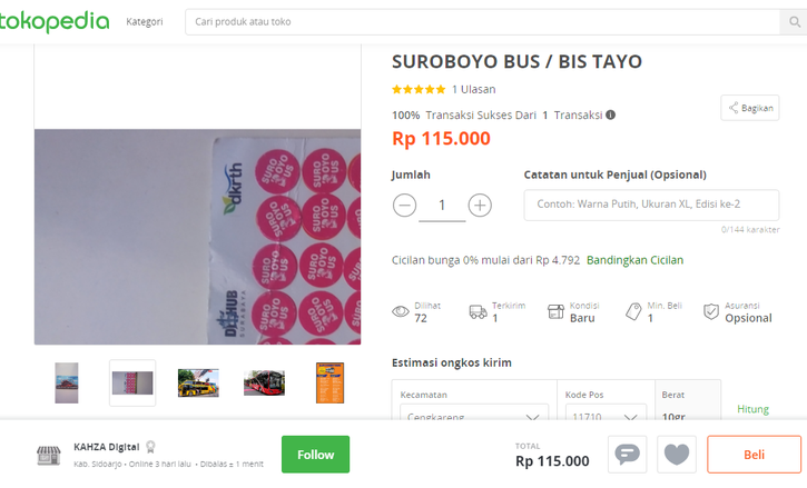 Tiket Naik Suroboyo Bus Dijual Rp 100 Ribuan di <em>Online Shop</em>