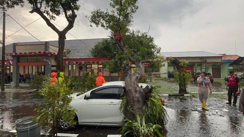 Mobil dan Atap Gedung BLKI di Mojokerto Tertimpa Pohon Tumbang