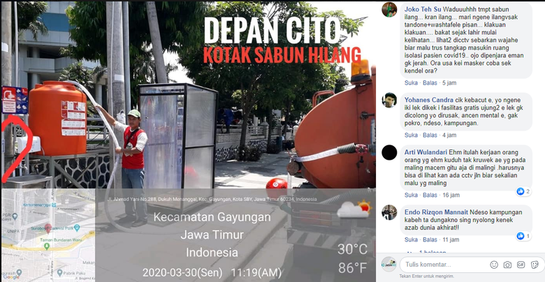 Tangan Jail di Surabaya Mulai Rusak Fasilitas Antisipasi Penyebaran Covid-19