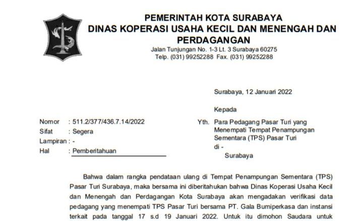 Dinkopum Surabaya Data Ulang Pedagang TPS Pasar Turi