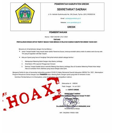 Pemberian Donasi Tempat Ibadah di Gresik, Dipastikan Hoaks