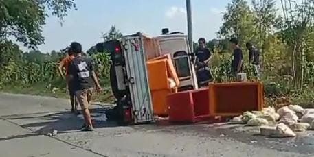 Pikap Bermuatan Usus Ayam Terguling di Jalan Raya Dawarblandong Mojokerto