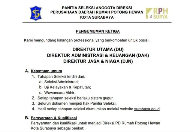 Seleksi Direksi PD RPH Surabaya Tahap Ketiga Dibuka