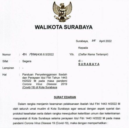 Ini SE Wali Kota&nbsp;Panduan Penyelenggaraan Hari Raya Idulfitri 1443 Hijriah di Surabaya