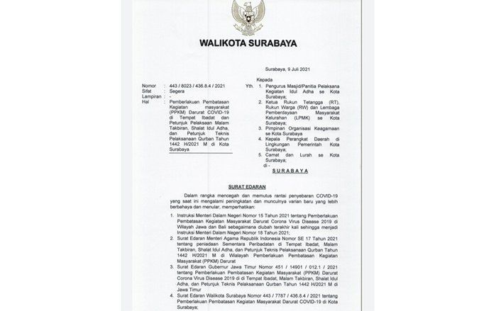 Pemkot Surabaya Keluarkan Surat Edaran Pelaksanaan Hari Raya Iduladha