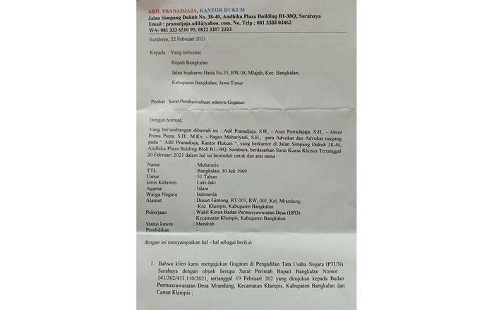 Diduga Terkait Intervensi P2KD, Bupati Bangkalan Digugat Warganya