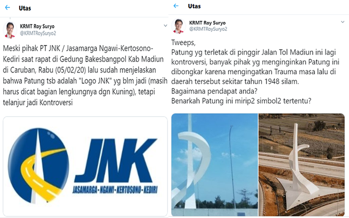 Roy Suryo Sorot Patung Mirip Simbol Palu Arit PKI di Tol Madiun