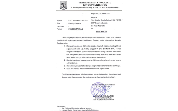 Dispendik Kota Mojokerto Liburkan Sekolah Selama Dua Minggu
