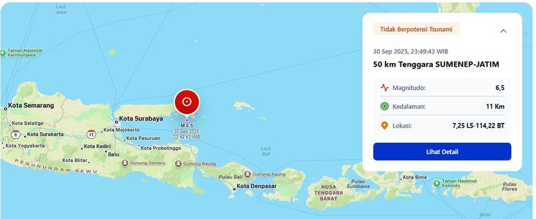 Jawa Timur Dilanda Gempa Magnitudo 6,5, Pusat Gempa Tenggara Sumenep
