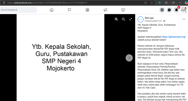 Penulis Tere Liye Minta Website Literasi SMPN 4 Mojokerto Hapus Konten EBook Ilegal