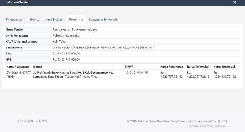 Bernilai Rp4,2 Miliar, Pemenang Tender Puskesmas Widang Tuban Disorot