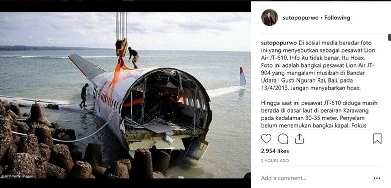 Beredar Foto Pesawat Lion Air JT610, Sutopo Menyatakan Hoaks