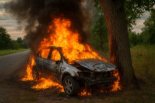 Sopir Diduga Mabuk, Honda Jazz Tabrak Pohon dan Terbakar di Surabaya