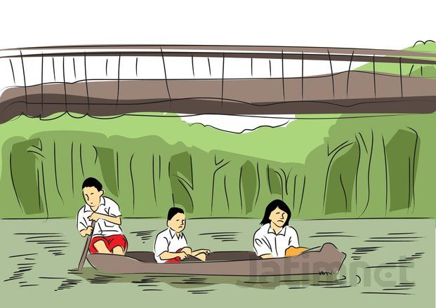 Siswa dan Warga Pilih Naik Perahu Akibat Jembatan Putus